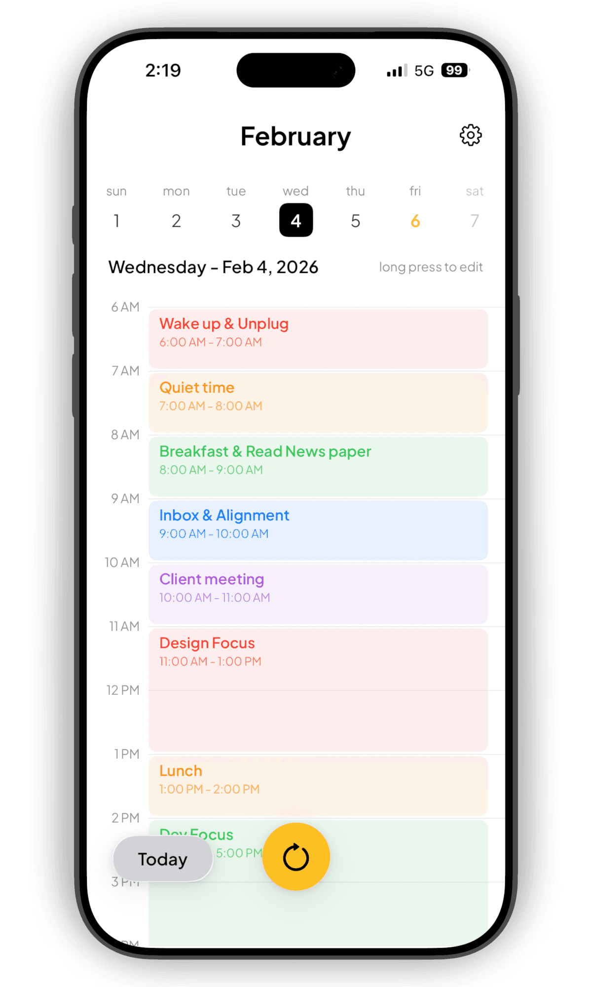 SnapJournal app screenshot showing calendar events synced from a handwritten planner