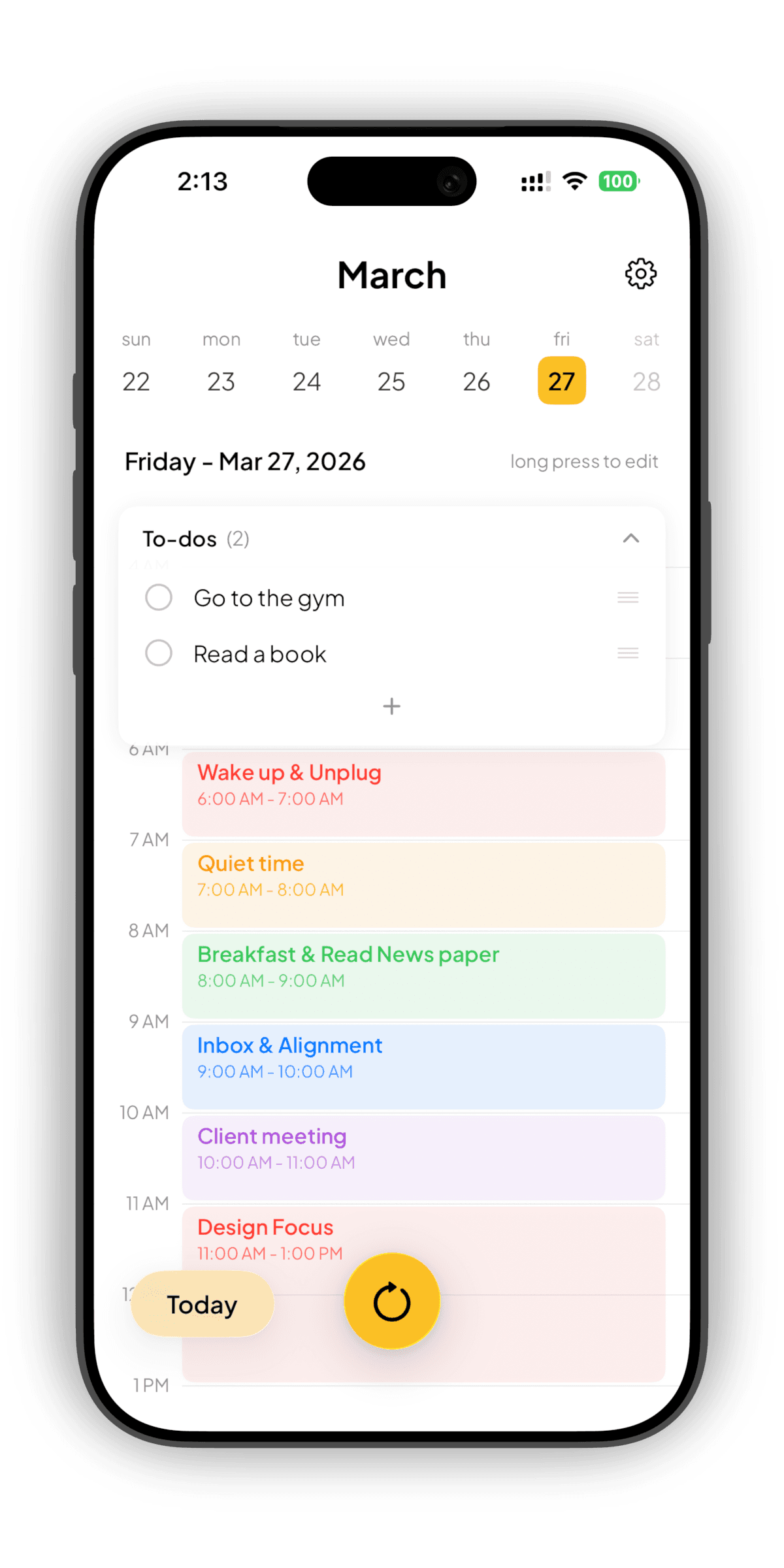 SnapJournal app screenshot showing calendar events synced from a handwritten planner
